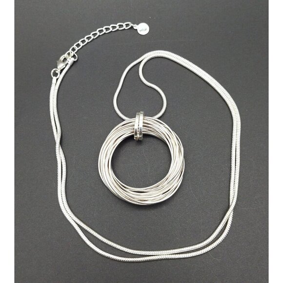 Silver Tone Charter Club Circular Statement Pendant Necklace Long Snake Chain 30 - Picture 9 of 10